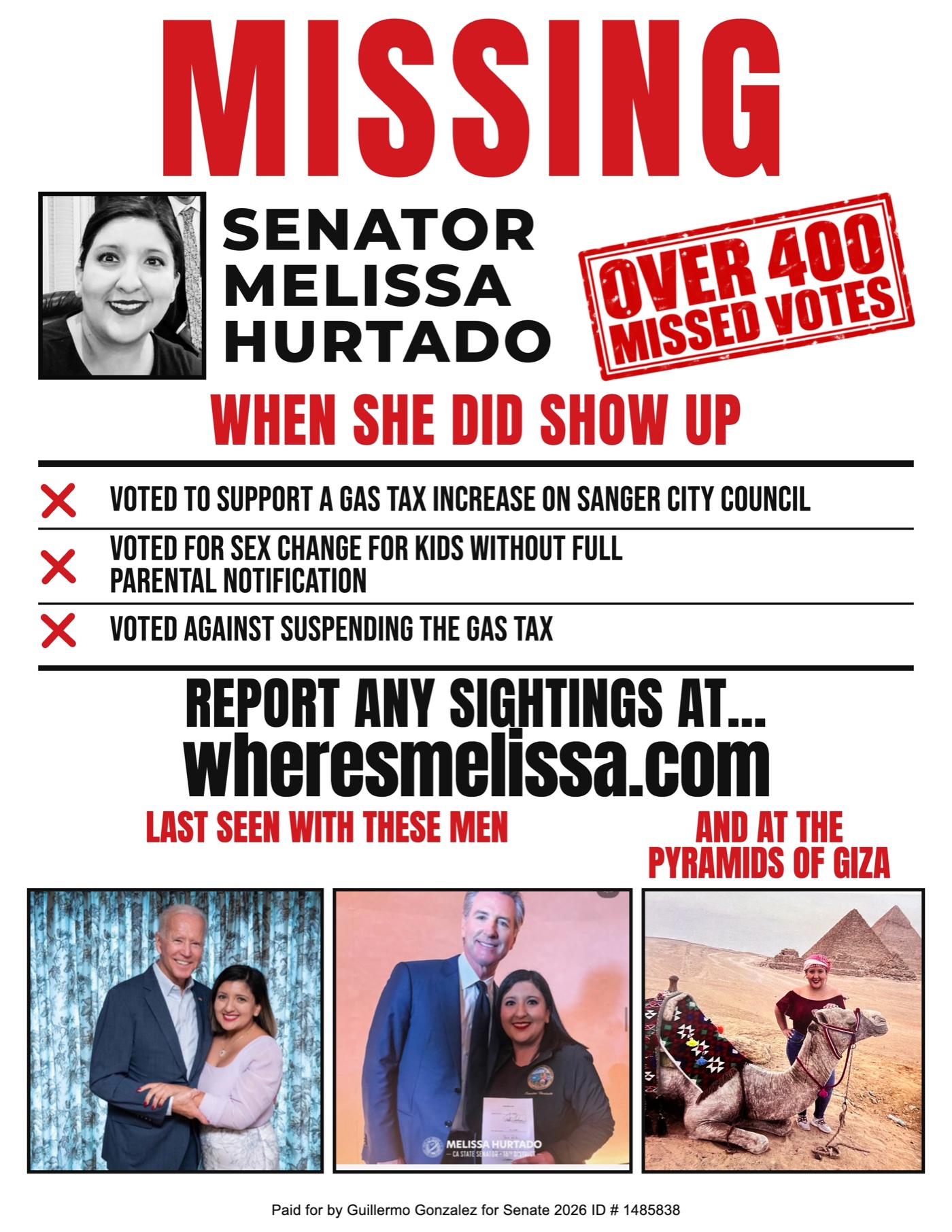 Missing flyer: Senator Melissa Hurtado. Over 400 missed votes. Report any sightings at wheresmelissa.com.